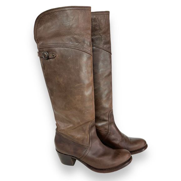 Frye Boots Womens 9.5 B Jane Knee High Tall Cuff Riding Brown Leather 2.75" Heel - Picture 1 of 13